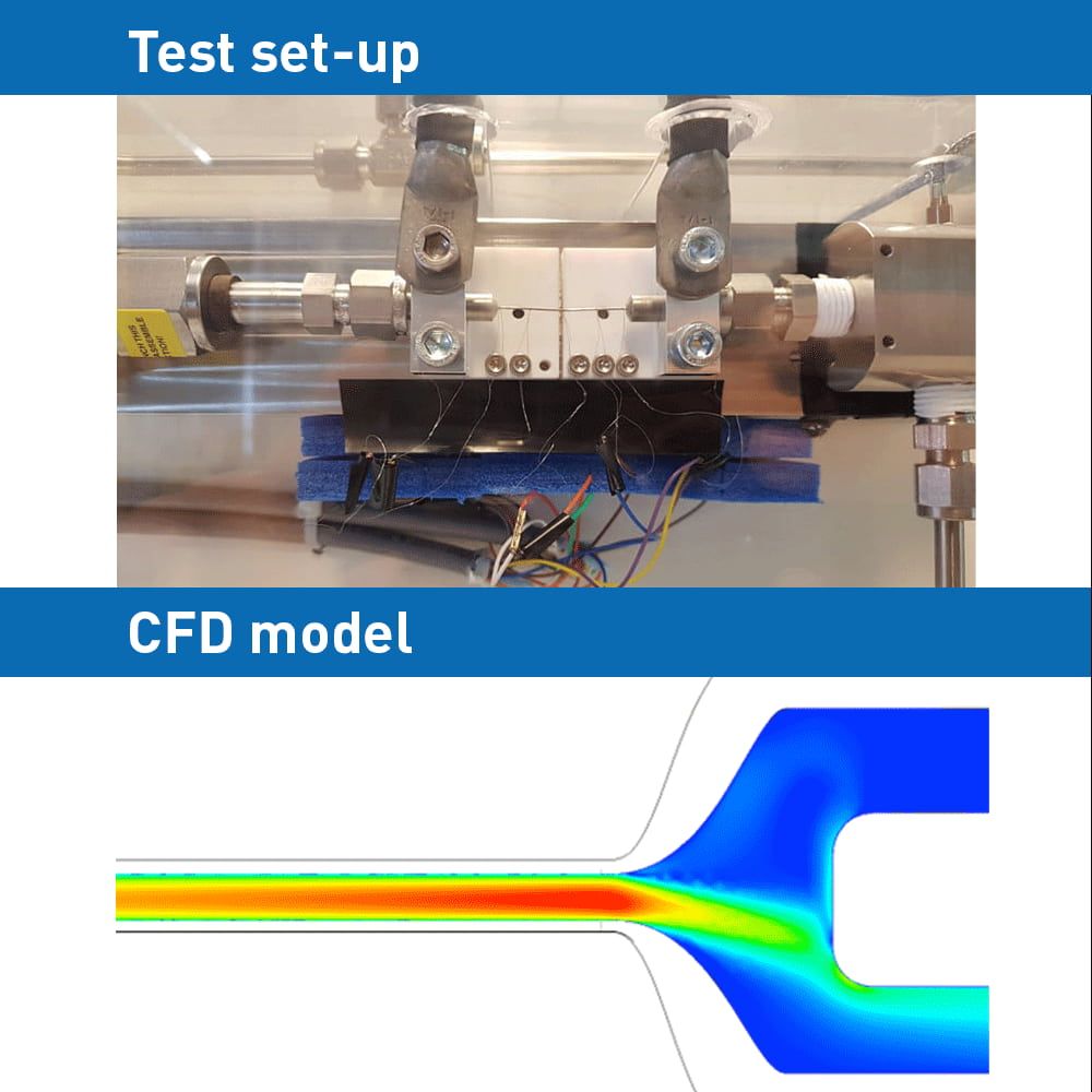 Testaufbau und CFD-Ergebnisse des Helium-Flow-Kühlkonzepts