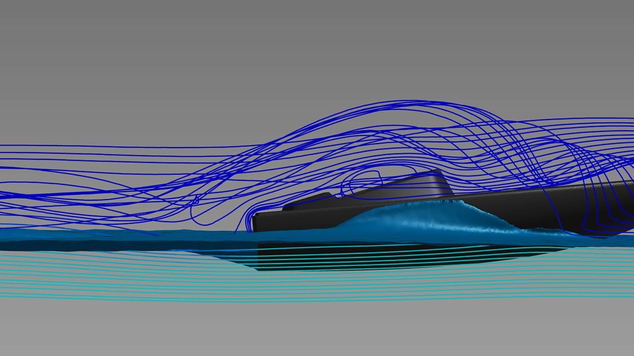 CFD-Stromliniendiagramm einer Yacht im Wellengang
