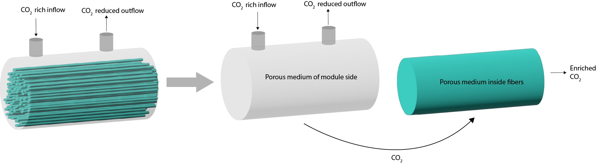 Figure 1 Left: actual geometry with the fibers inside the model. Right: simulation concept. The module and the fibers are modelled as two porous media and simulated with a CO₂ sink term in the module and a production term in the fiber domain.