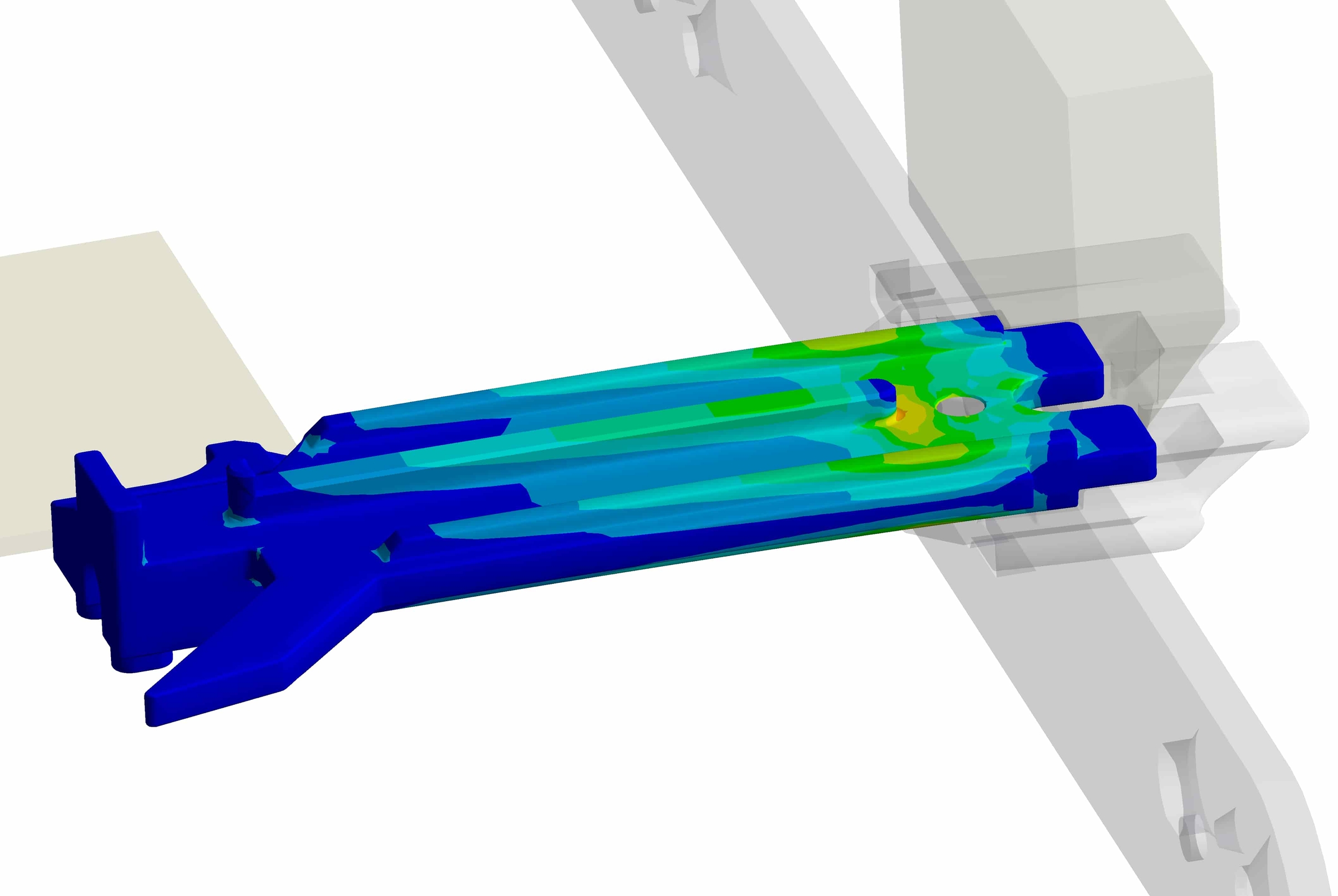 Figure 4 Stresses in the MIM part for load case 2 with a critical area on the middle rib.