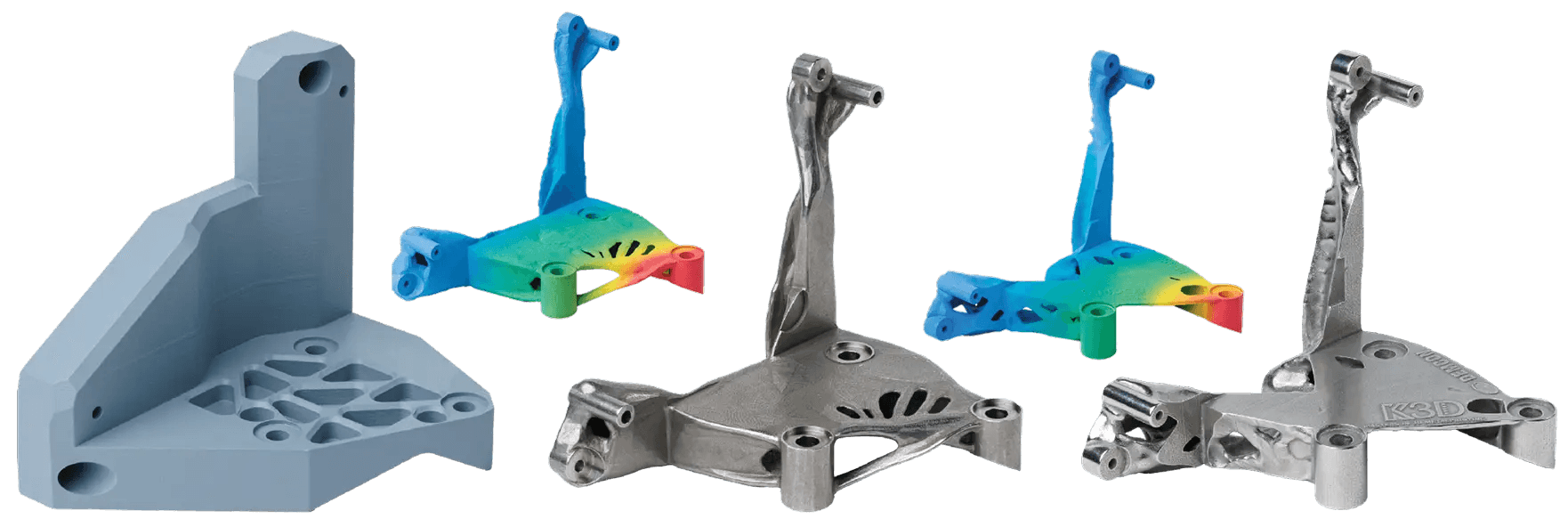 Figuur 2 Het originele ontwerp dat gebruik maakt van frezen, en iteratie 1 en 2, die geproduceerd zijn door additieve productietechnieken.