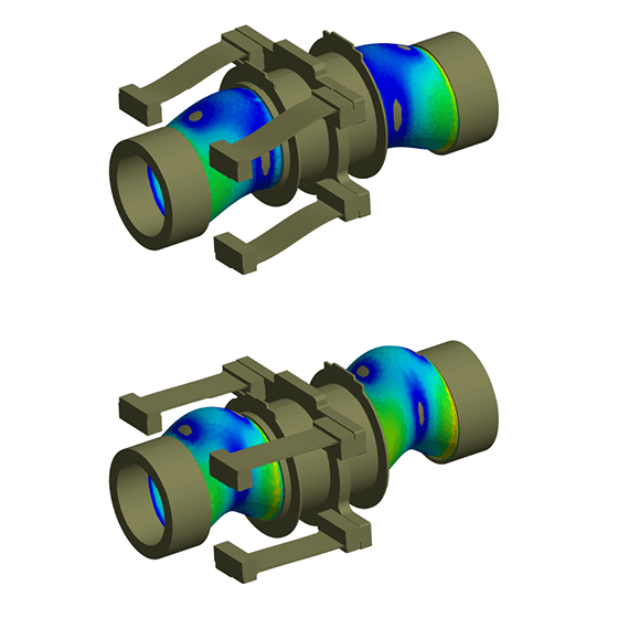 Figure 2: Vibration modes of the structure. Top image shows the main vibration mode of the tube which is used for measuring the density. Bottom image, shows a mode which may lower the measuring accuracy of the system. 
